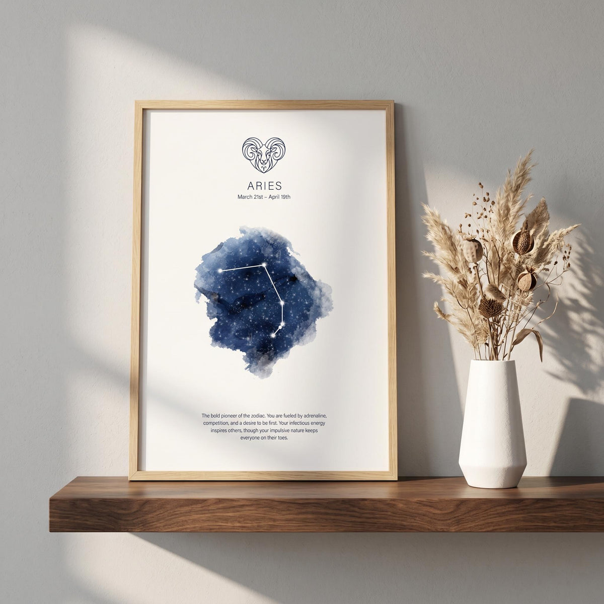 Aries zodiac constellation print in indigo watercolour, with the Aries symbol and dates, in a wood frame on a shelf