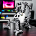 Grey articulated mech controller stand holding a white Xbox controller on a gaming desk
