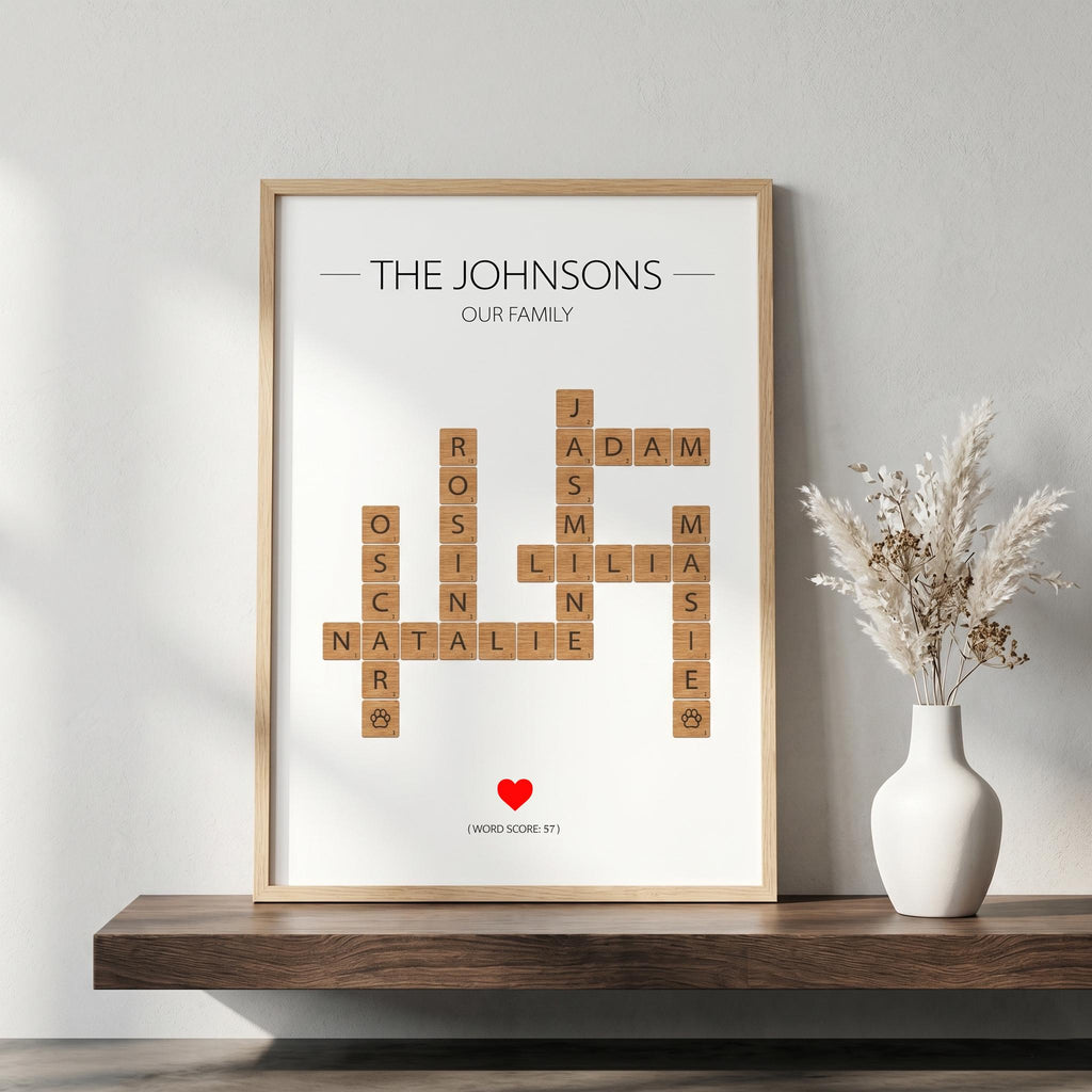 Personalised Family Scrabble Crossword Print, Custom Name Wall Art