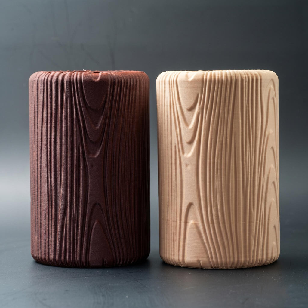 Dark and light wood grain pots, close up