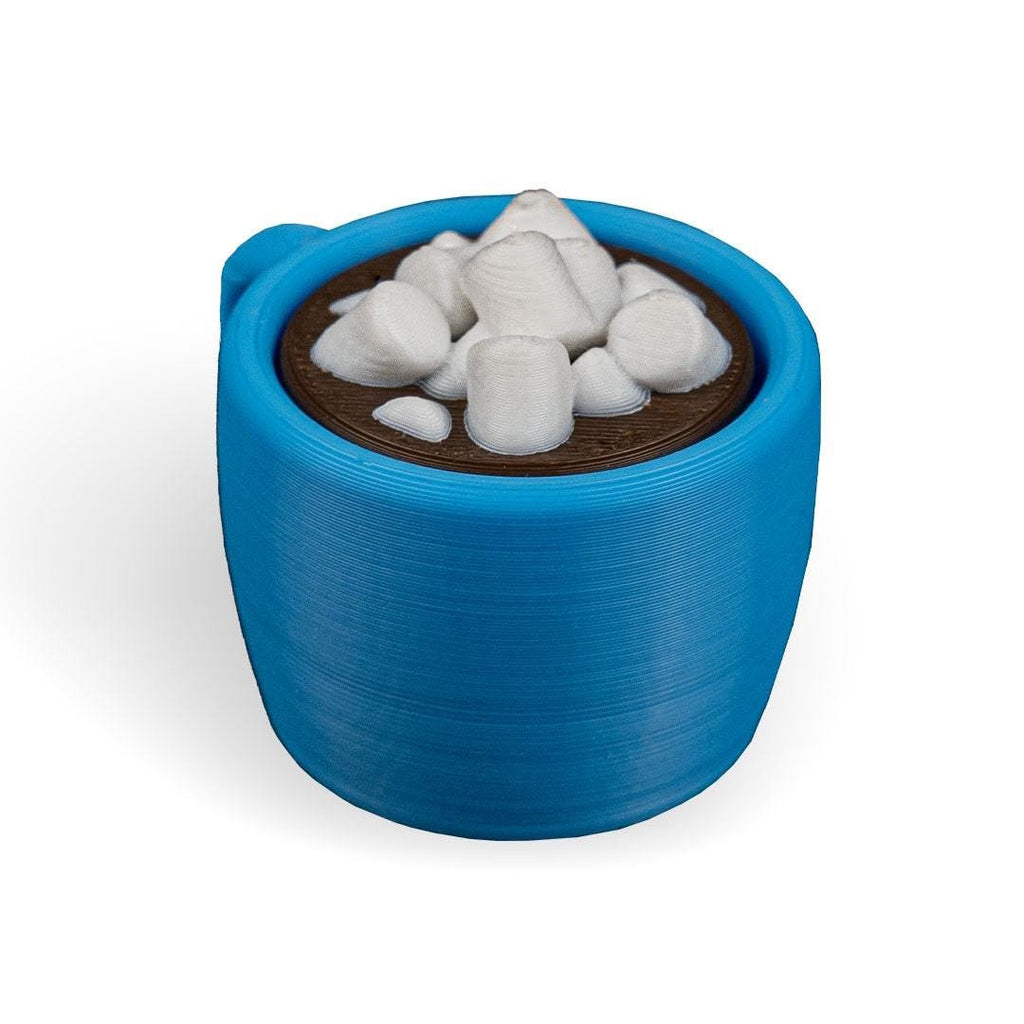 Blue container with a brown base and white stones on a white background