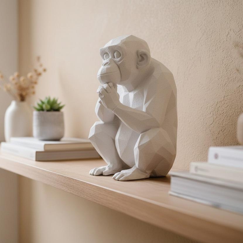 White monkey sculpture on a wooden shelf with books and plants in the background