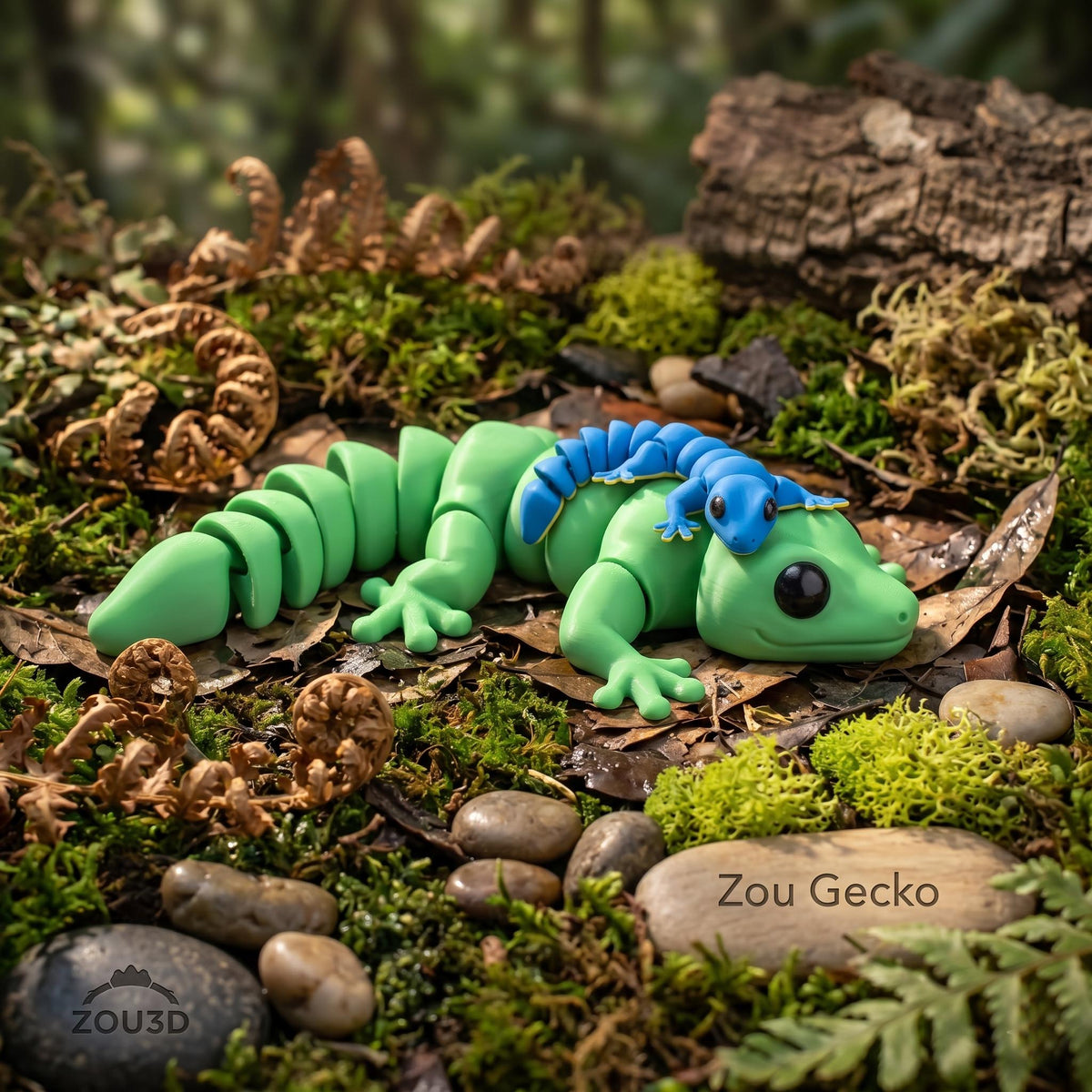 A large green articulated gecko with a small blue gecko on its back, in moss and ferns