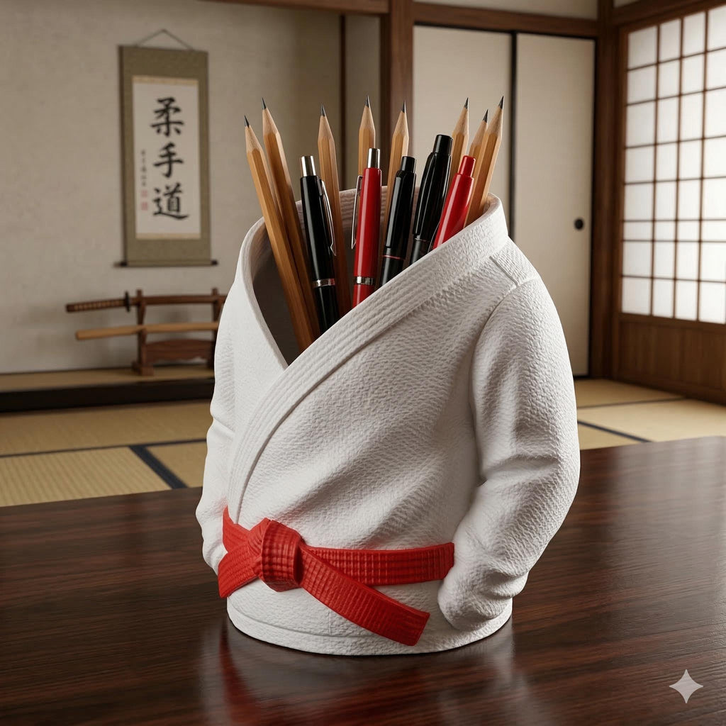 White martial arts gi pen holder with a red belt, full of pencils and brushes in a dojo