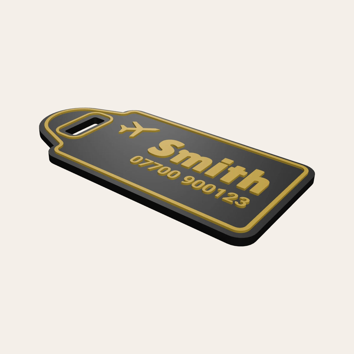 Black & Gold personalised luggage tag with a plane icon, the name Smith and a phone number