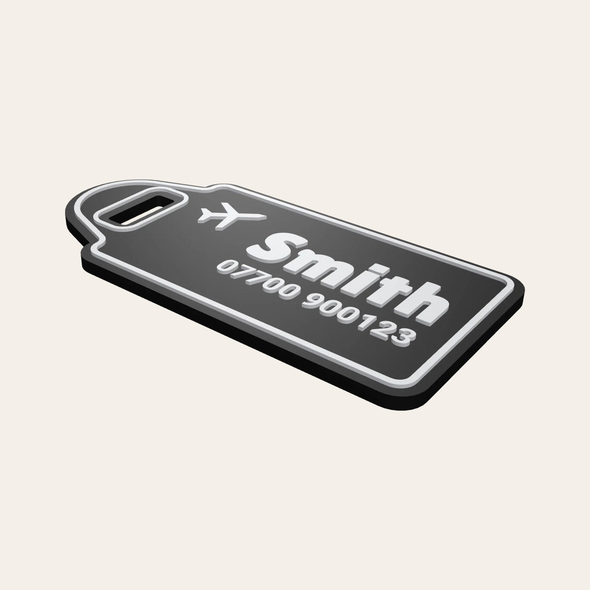Black & White personalised luggage tag with a plane icon, the name Smith and a phone number