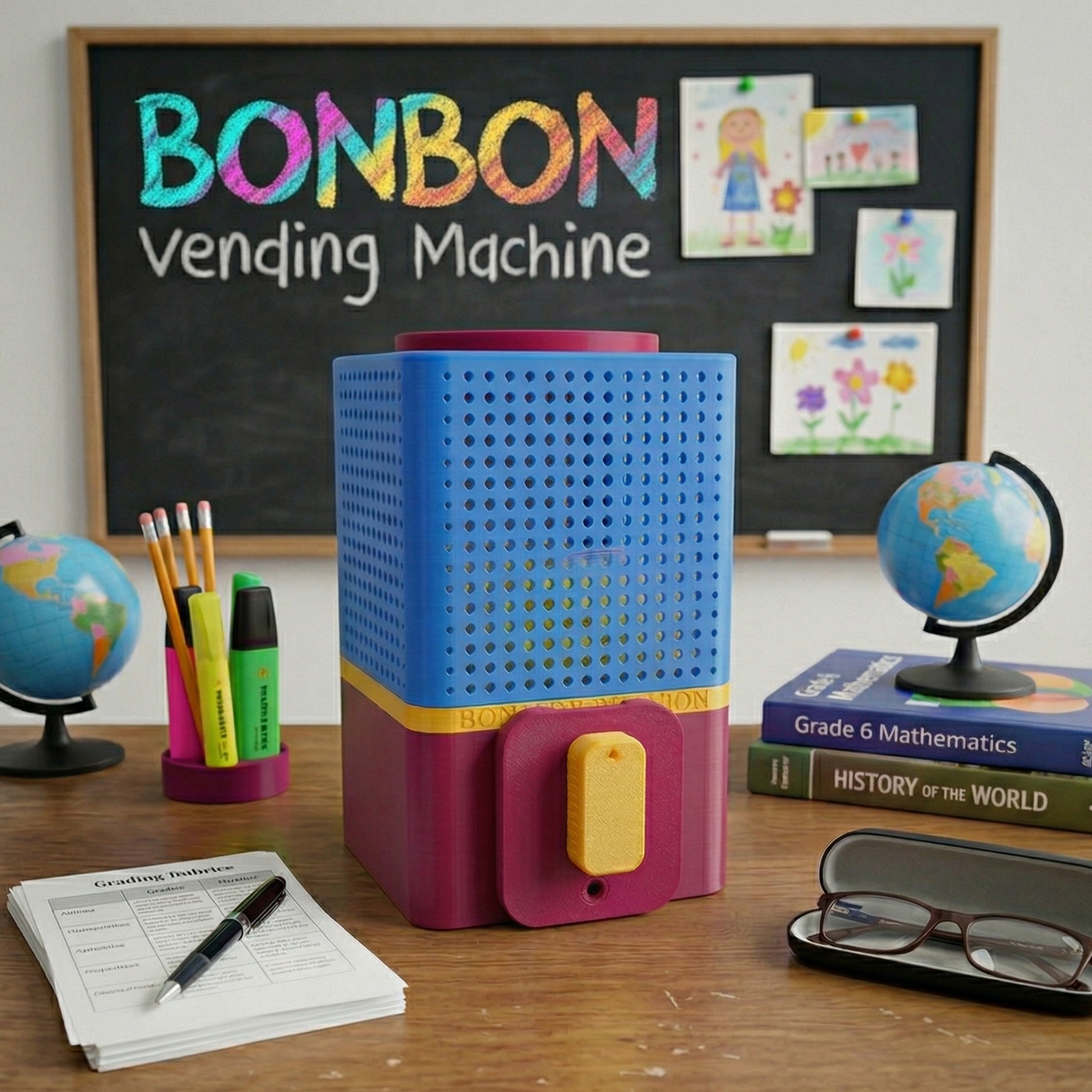 Colorful Bonbon Vending Machine on a desk with educational items in the background