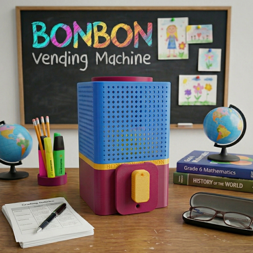 Colorful Bonbon Vending Machine on a desk with educational items in the background