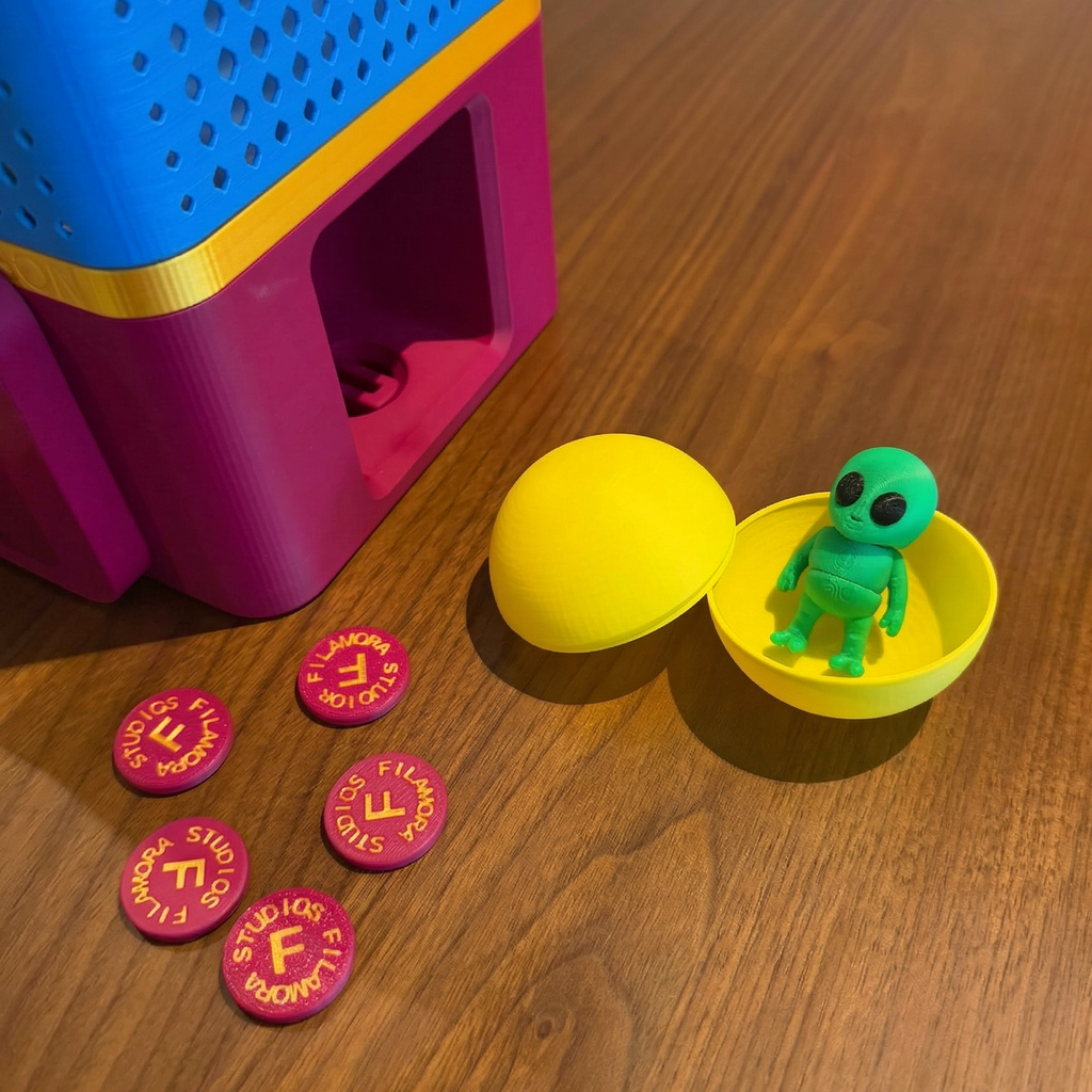 Toy figure in a yellow capsule with pink tokens on a wooden surface