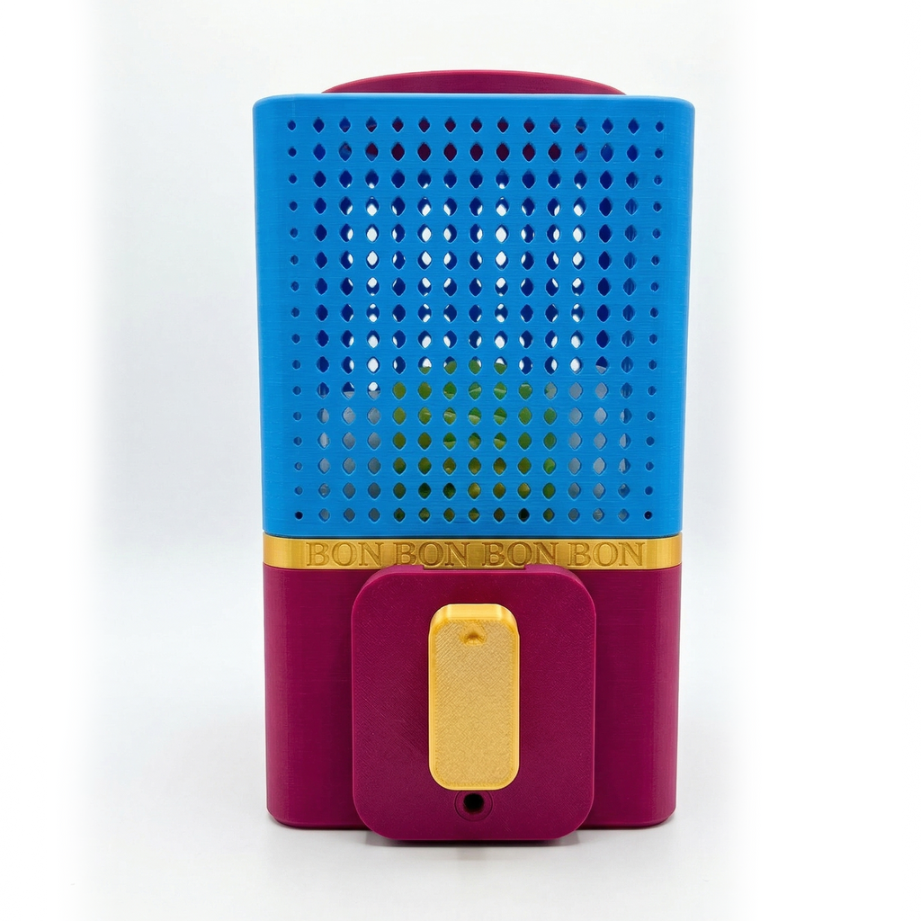 Blue and purple BONBON Vending Machine with a gold accent on a white background