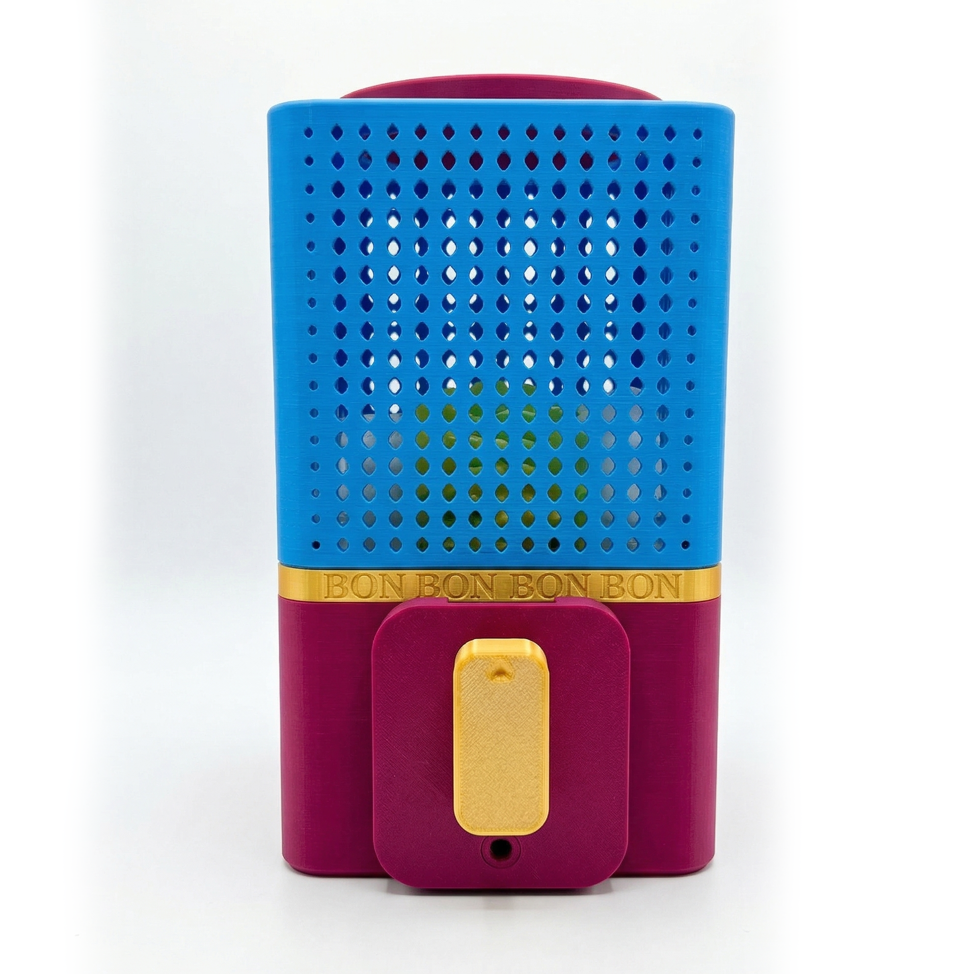 Blue and purple BONBON Vending Machine with a gold accent on a white background