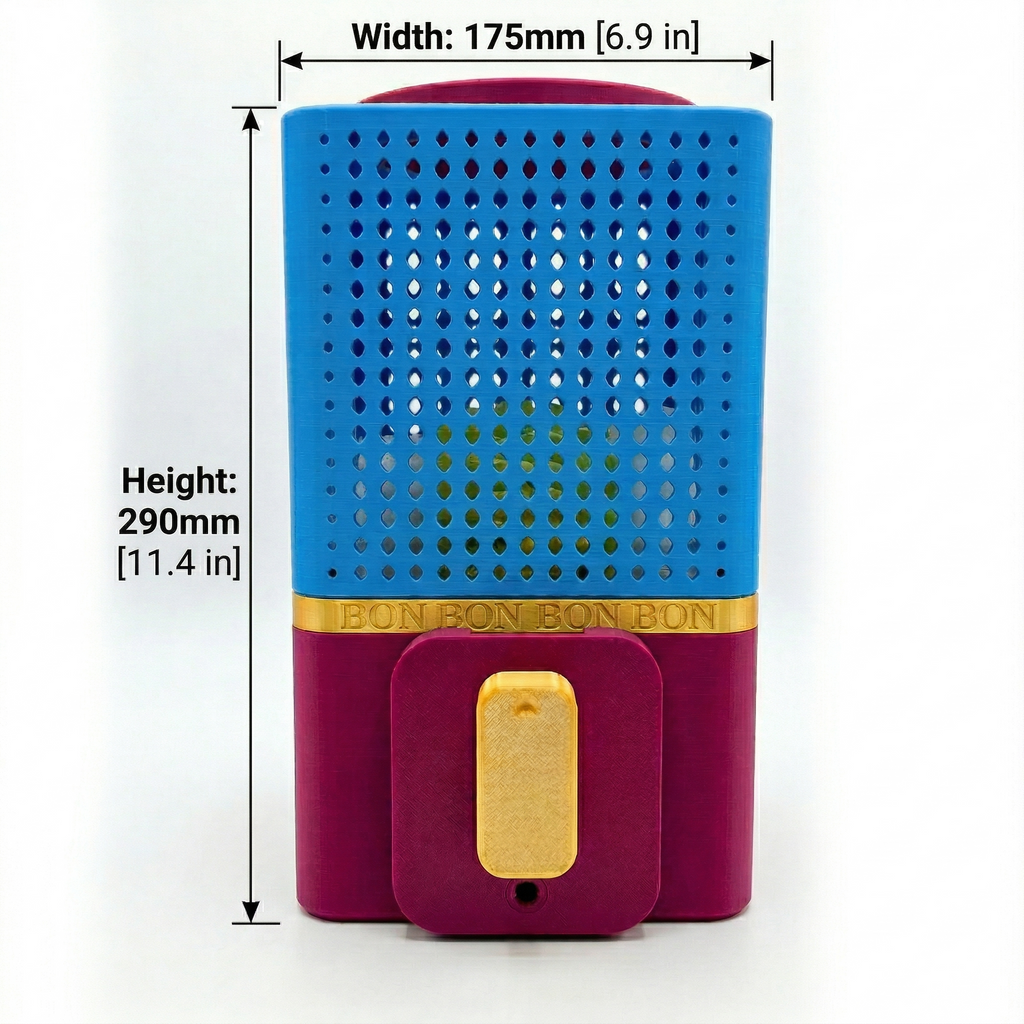 Blue and purple device with measurement details on a white background