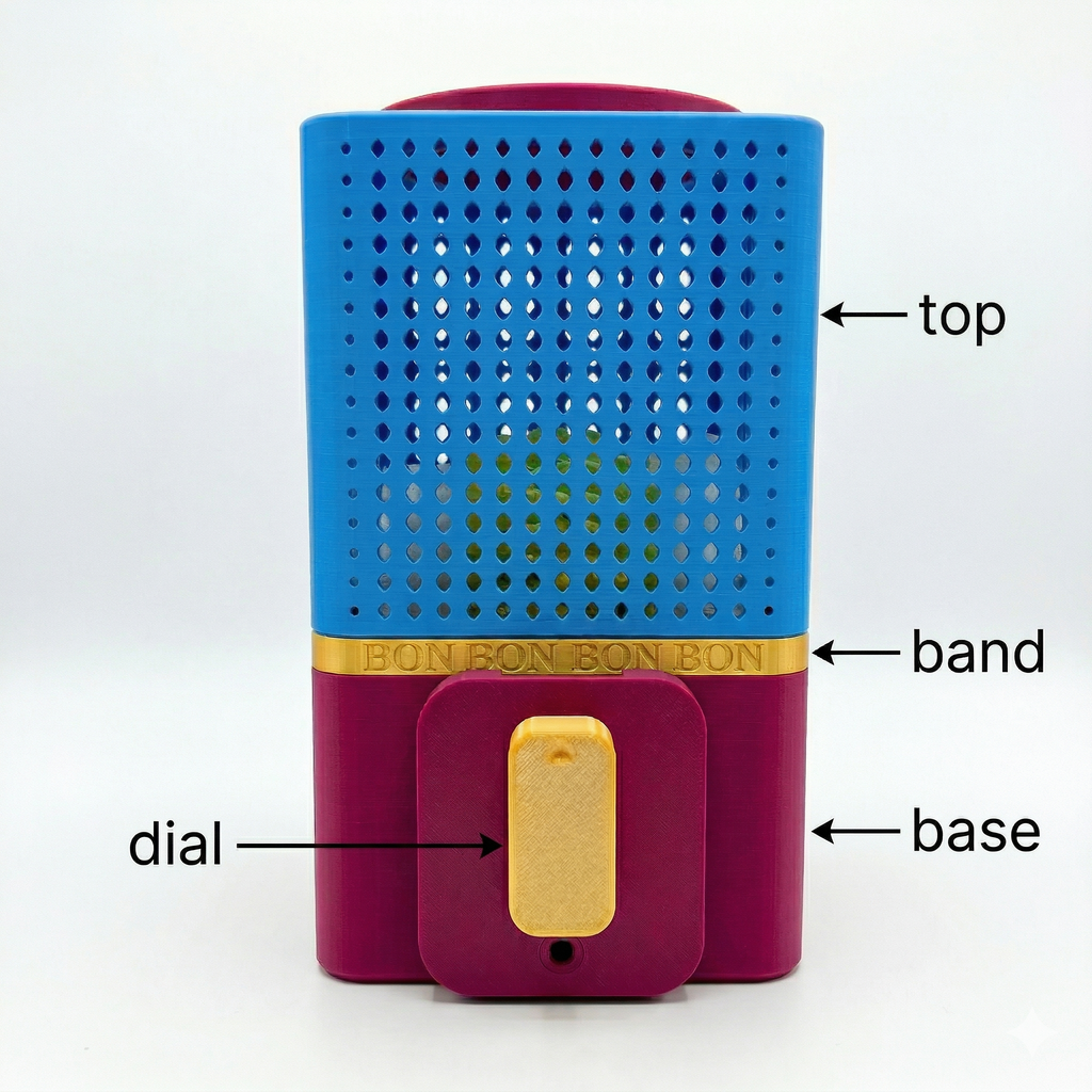 Colorful device with labeled parts on a white background
