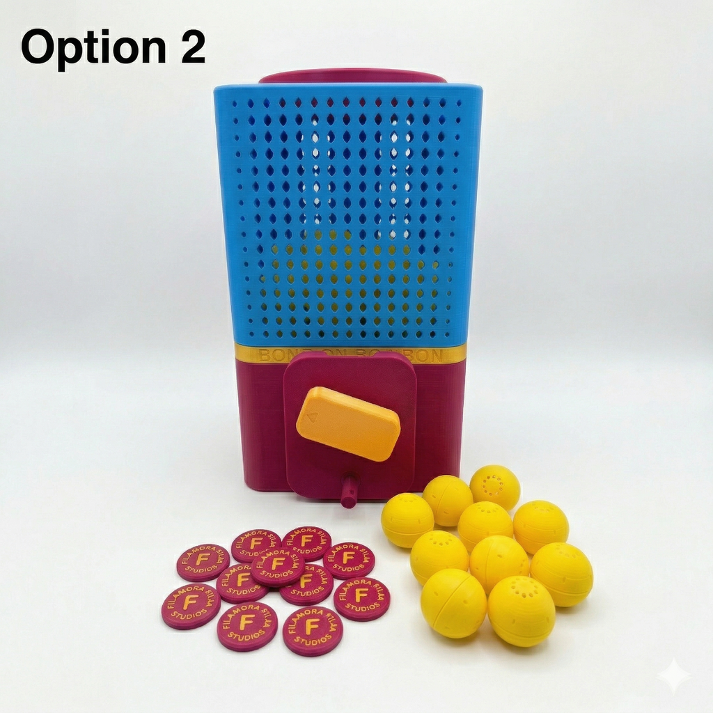Colorful BONBON Vending Machine with yellow balls and red 'F' tokens on a white background