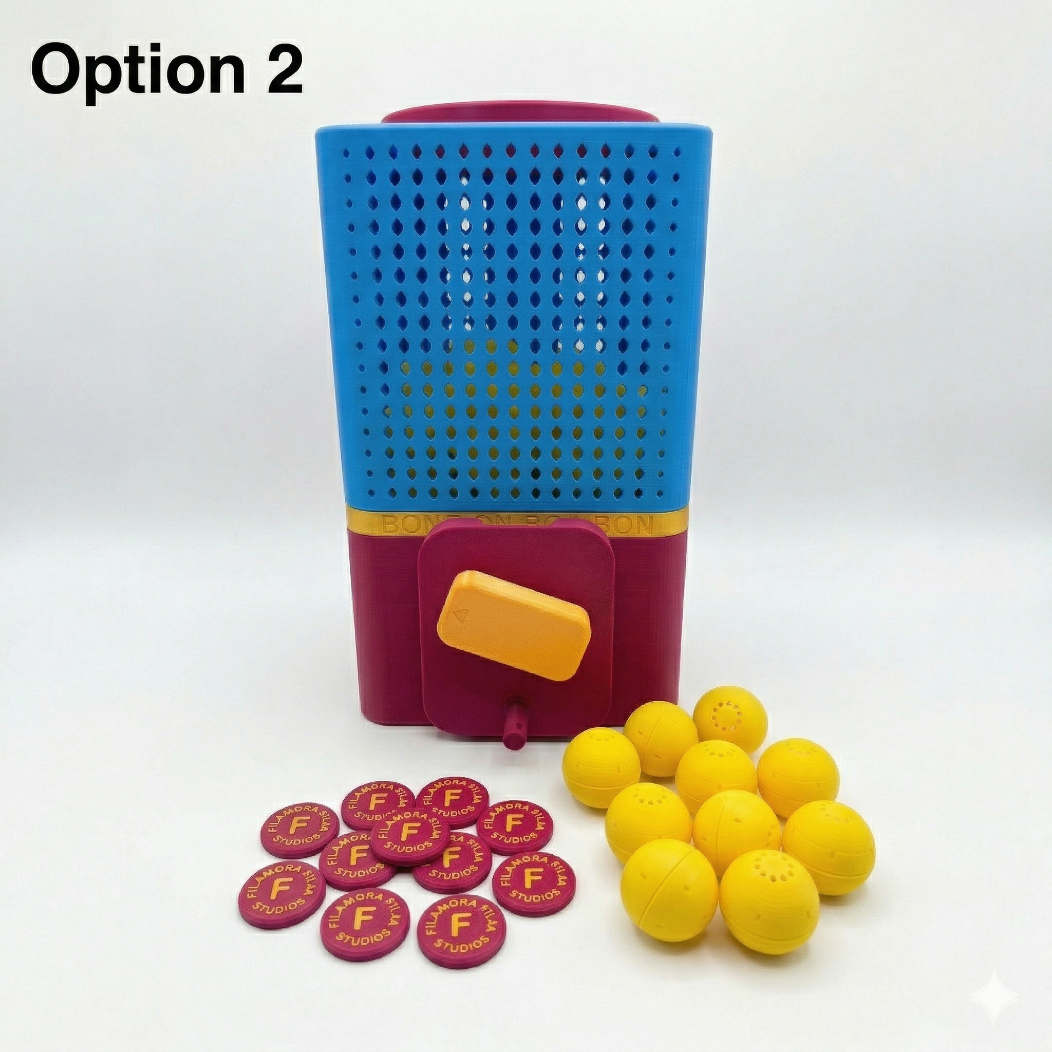 Colorful BONBON Vending Machine with yellow balls and red 'F' tokens on a white background