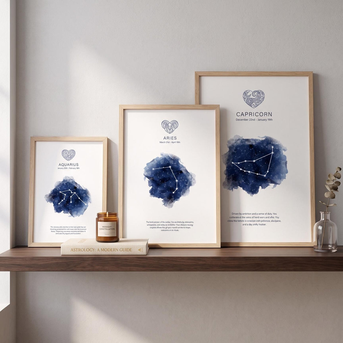 The zodiac prints in A5, A4 and A3 wood frames side by side, to compare sizes