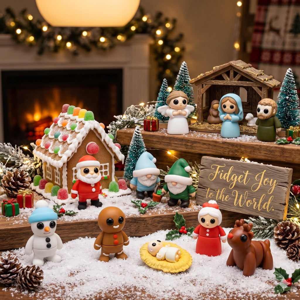 The whole set in a snowy Christmas scene: the nativity by a stable, Santa, gnomes, a snowman, a gingerbread man, Mrs Claus and the reindeer