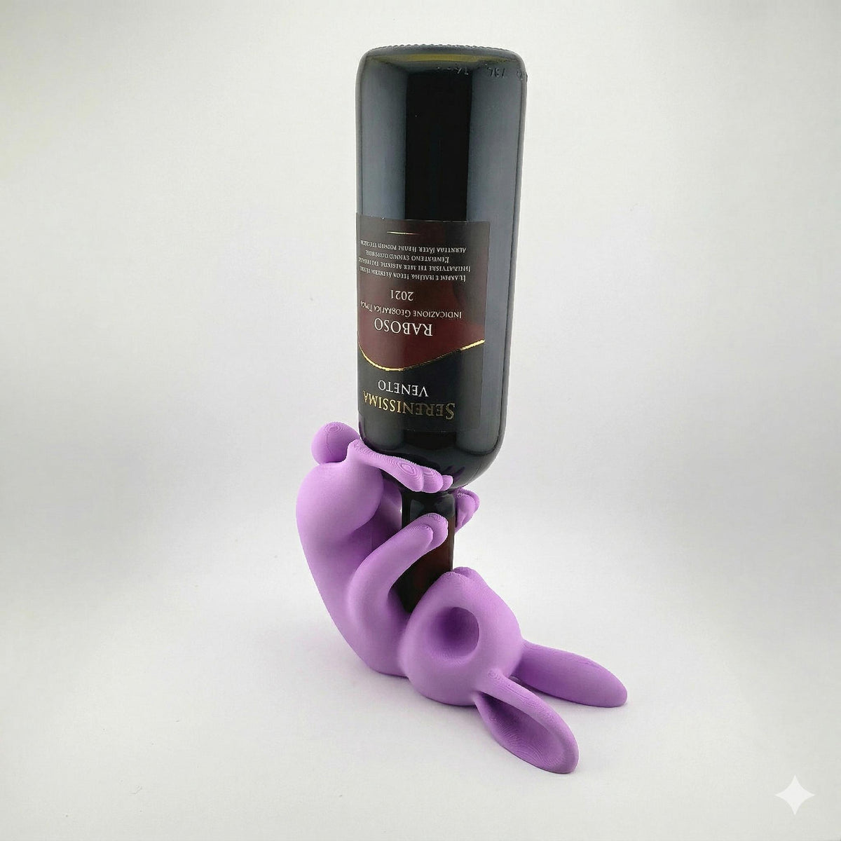 Purple bunny wine holder from the front