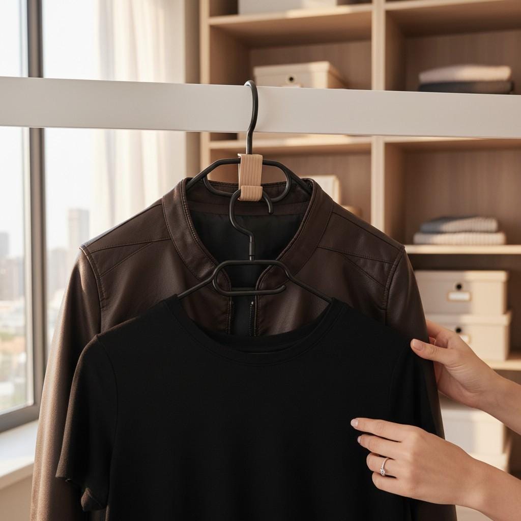 A T-shirt hung below a leather jacket on one rail space