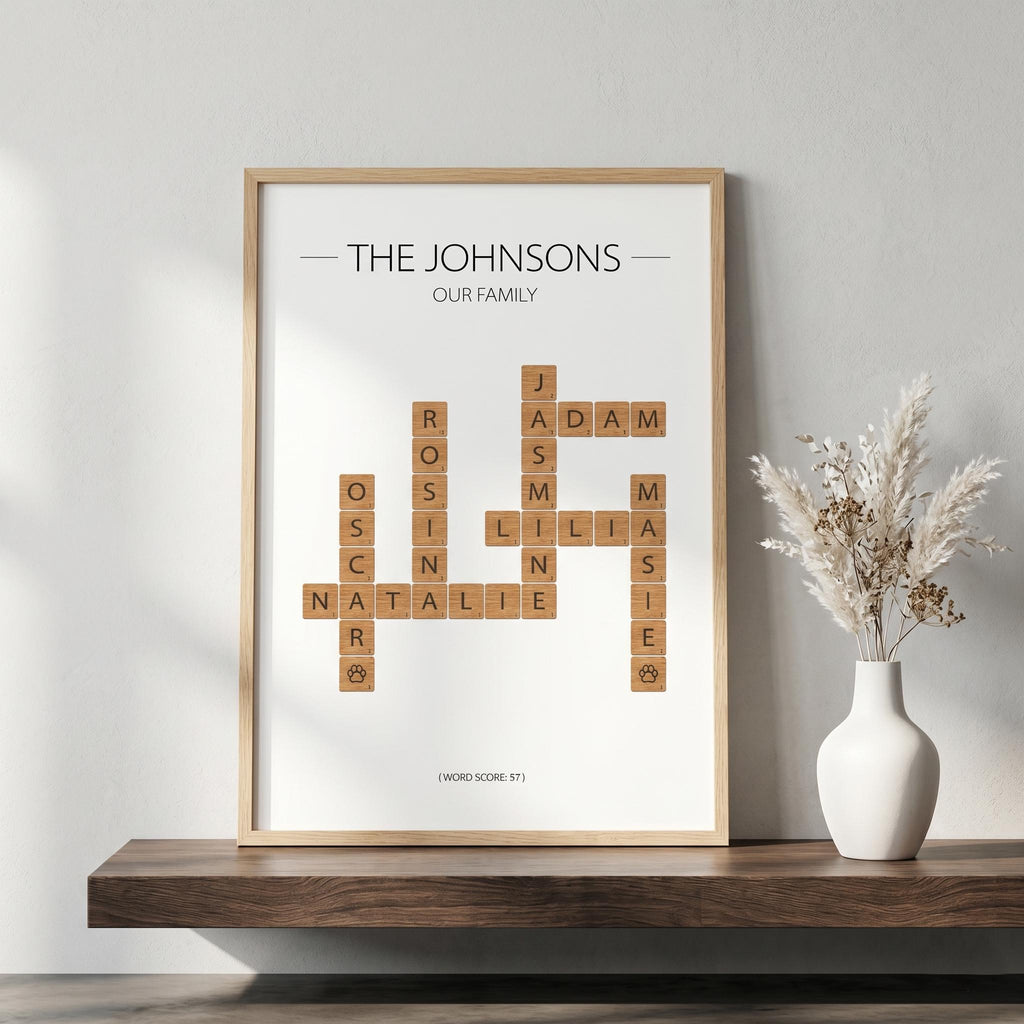 Personalised Family Scrabble Crossword Print, Custom Name Wall Art
