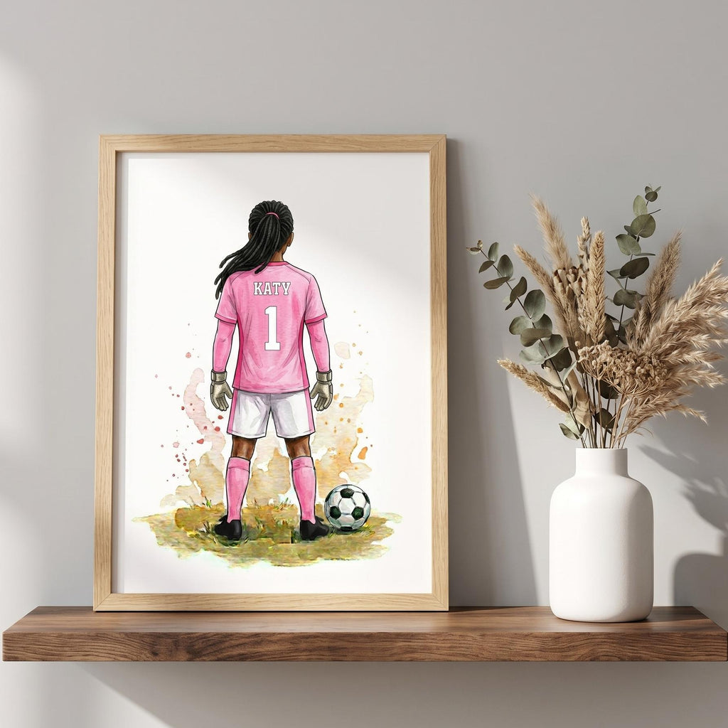Personalised football print: a goalkeeper in pink, KATY 1, with gloves