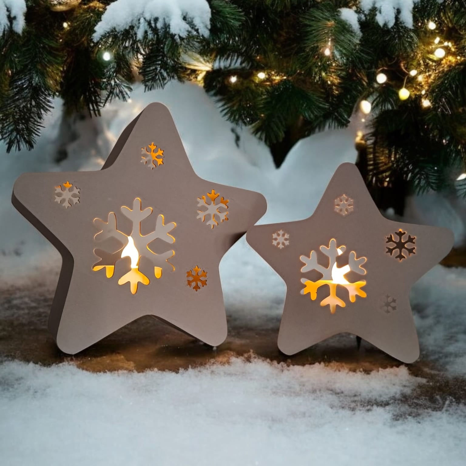 Two star-shaped light fixtures with snowflake designs on a snowy ground with Christmas tree in the background.