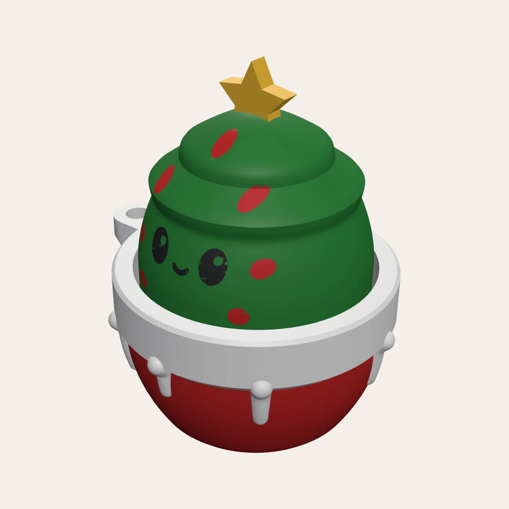 Christmas clicker fidget keyring: a cute Christmas tree peeping out of a red and white snowy pot