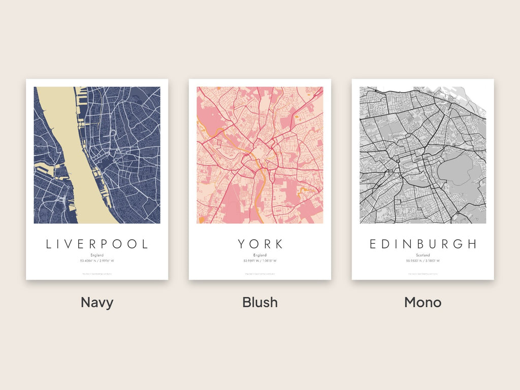 Three city map posters: Liverpool in navy, York in blush pink and Edinburgh in black and white
