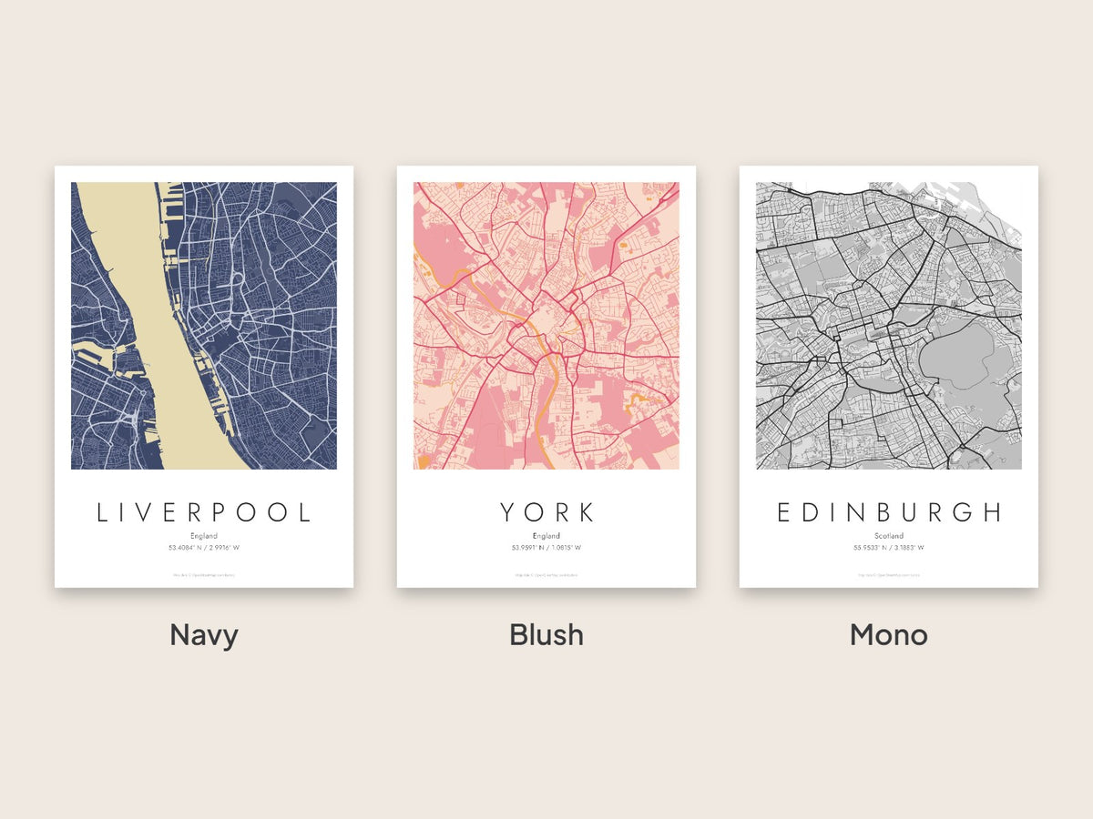 Three city map posters: Liverpool in navy, York in blush pink and Edinburgh in black and white