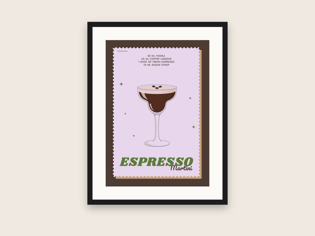 Retro Espresso Martini cocktail print in a black frame: the drink on a lilac card with a wavy edge, the recipe above and ESPRESSO Martini below