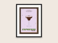 Retro Espresso Martini cocktail print in a black frame: the drink on a lilac card with a wavy edge, the recipe above and ESPRESSO Martini below