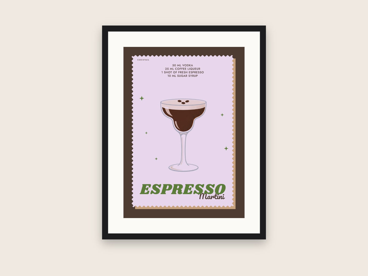 Retro Espresso Martini cocktail print in a black frame: the drink on a lilac card with a wavy edge, the recipe above and ESPRESSO Martini below