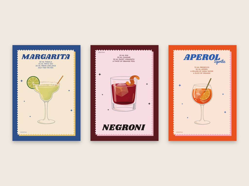 Three retro cocktail prints side by side: a Margarita on blue, a Negroni on deep red and an Aperol Spritz on orange