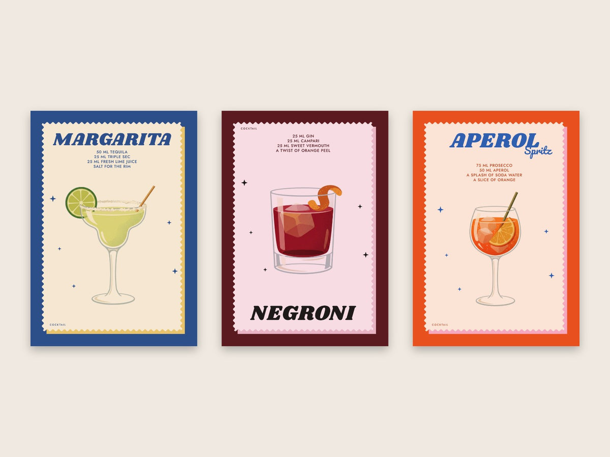 Three retro cocktail prints side by side: a Margarita on blue, a Negroni on deep red and an Aperol Spritz on orange