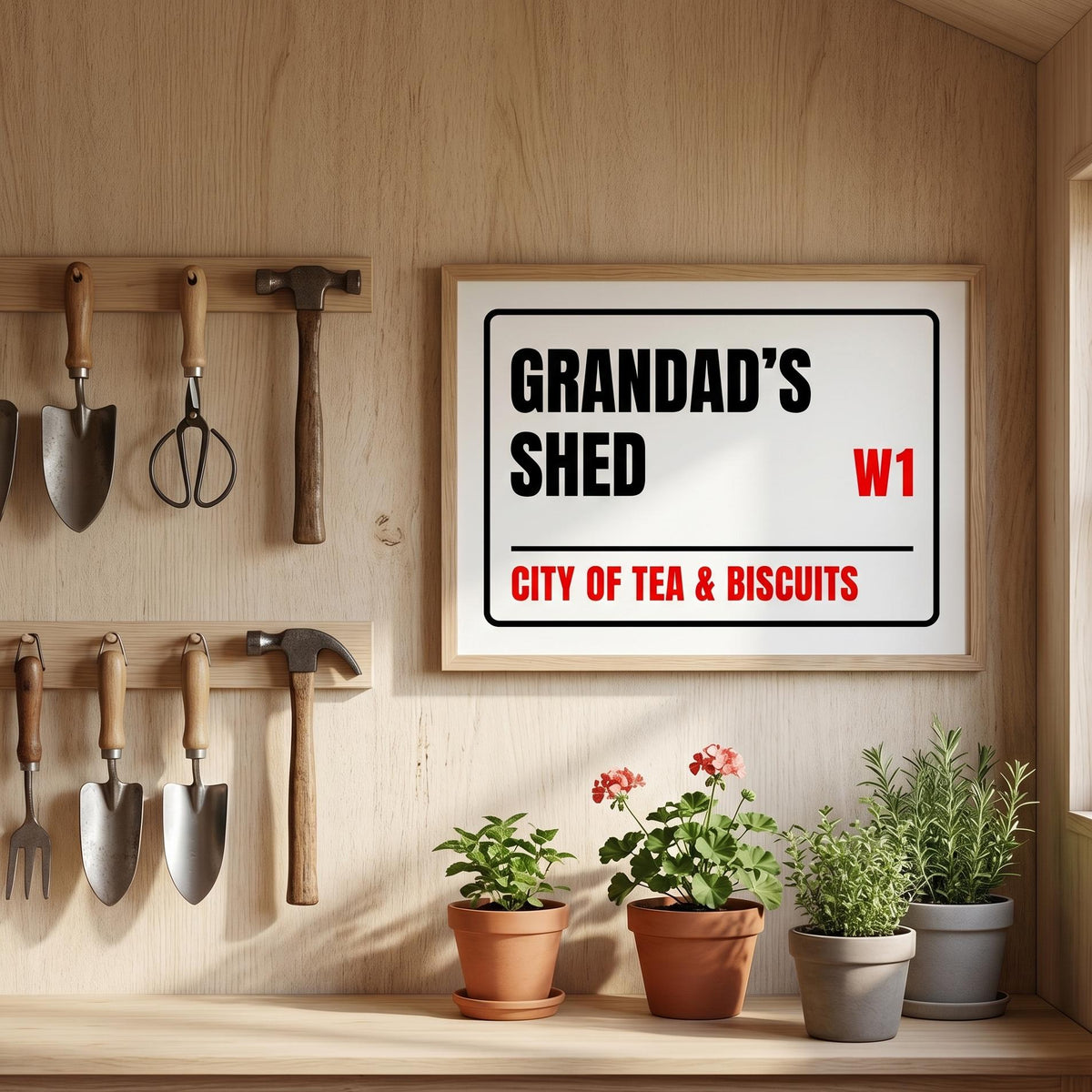 Street sign print reading Grandad's Shed, W1, City of Tea & Biscuits, in a garden shed