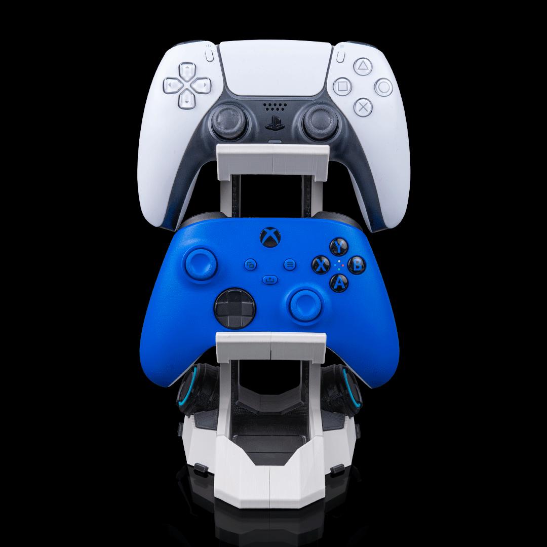 Dual controller stand from the front with a PS5 and an Xbox controller