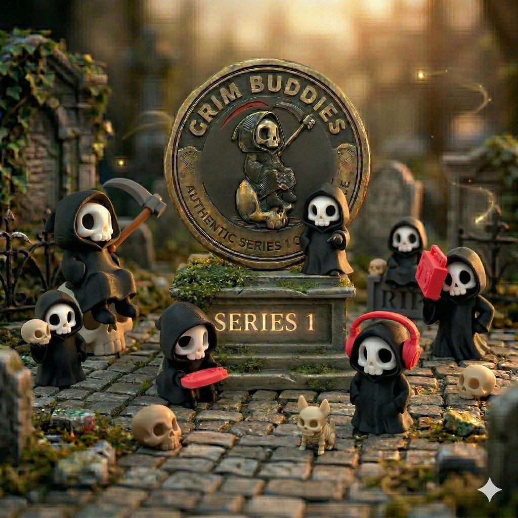 Grim Buddies Series 1 figures gathered in a graveyard scene around a gold Grim Buddies coin