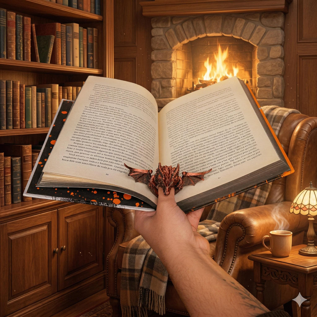 Reading by the fire with the dragon page holder holding the book open
