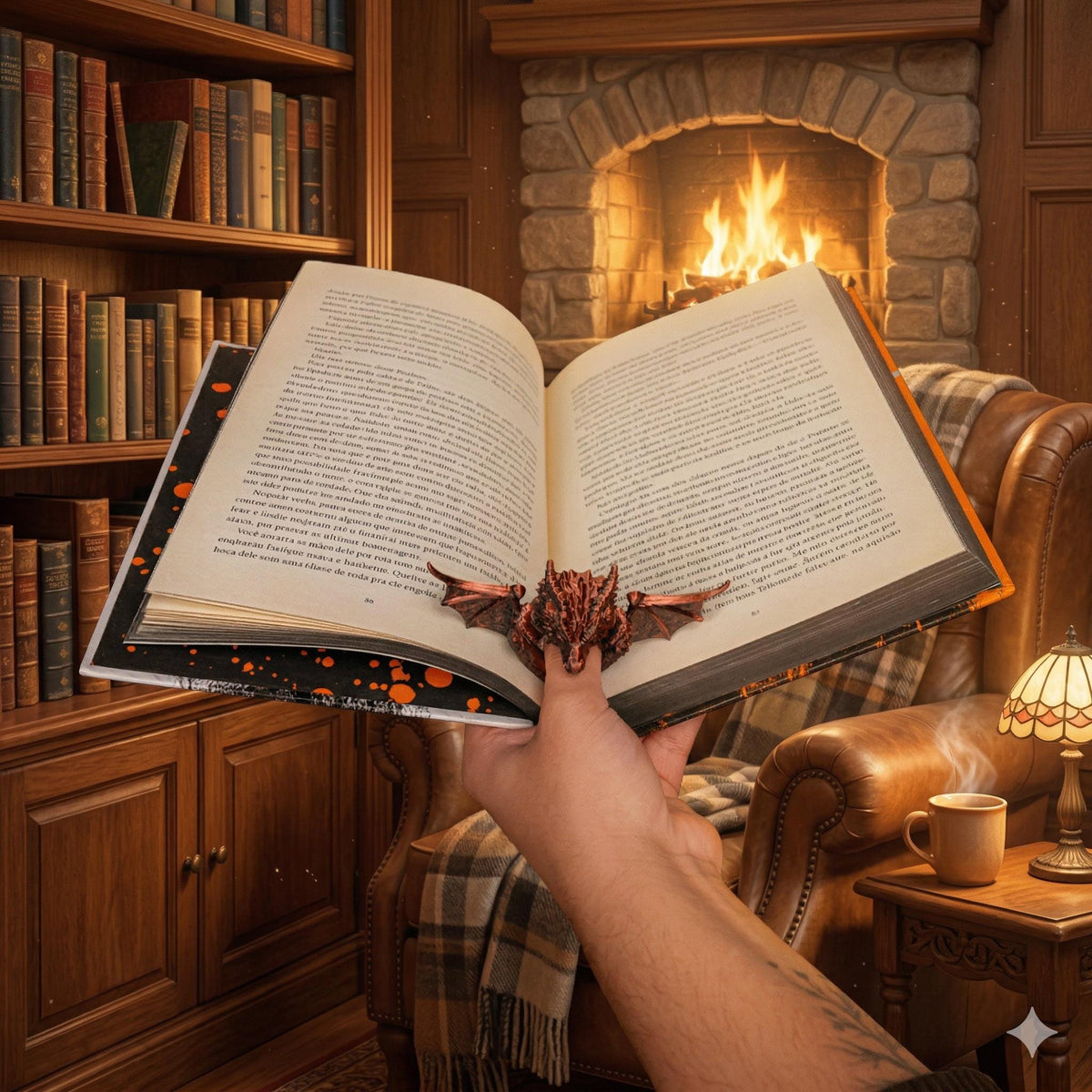 Reading by the fire with the dragon page holder holding the book open