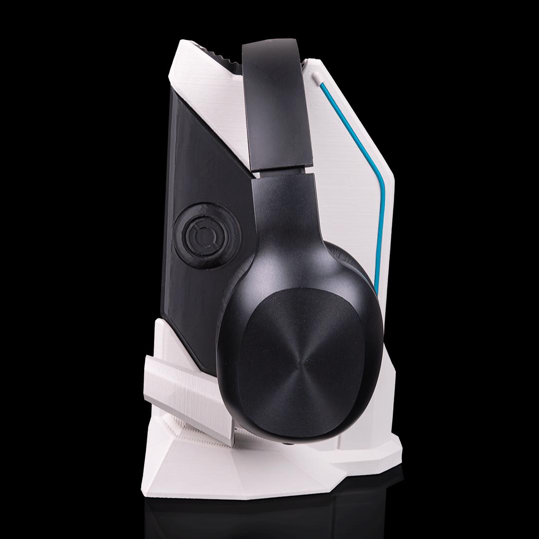 Sci-fi headset stand from the side, with headphones