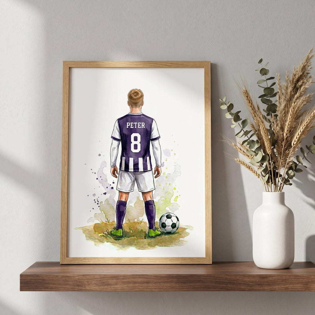 Personalised football print: a boy in a purple and white kit, PETER 8