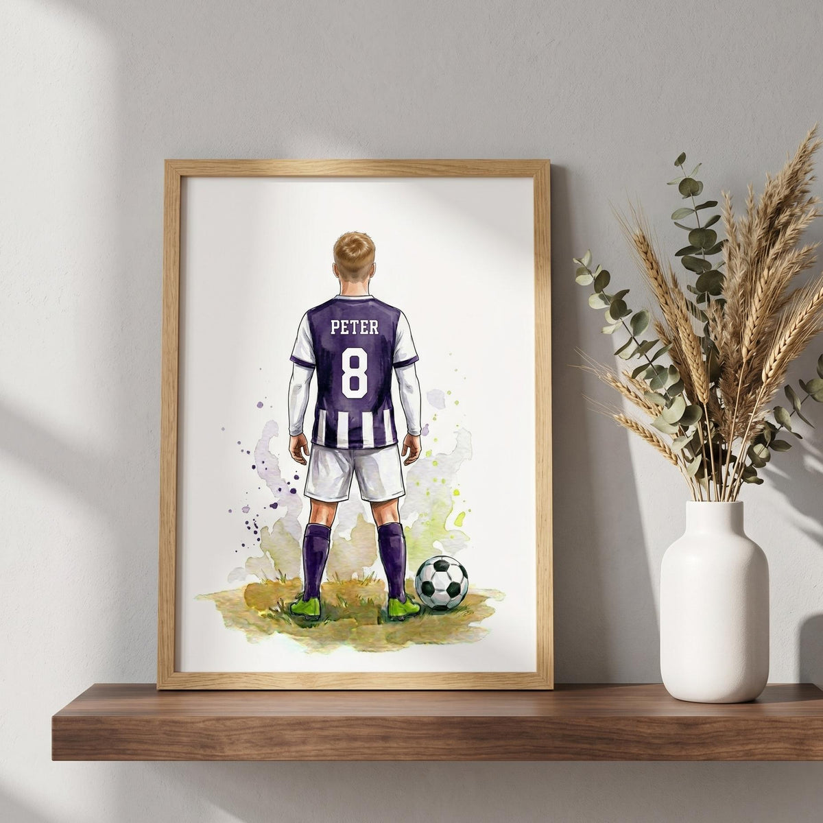 Personalised football print: a boy in a purple and white kit, PETER 8