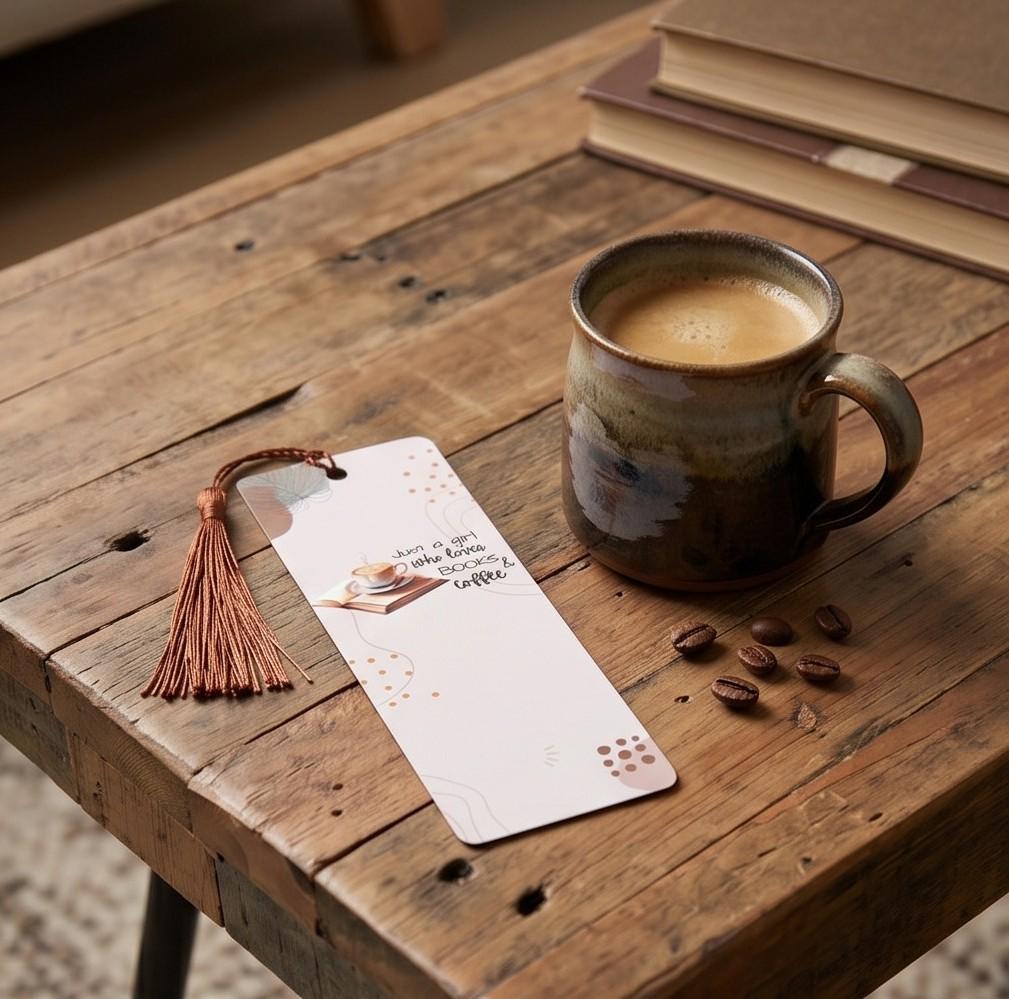 Books and coffee bookmark beside a mug of coffee and coffee beans