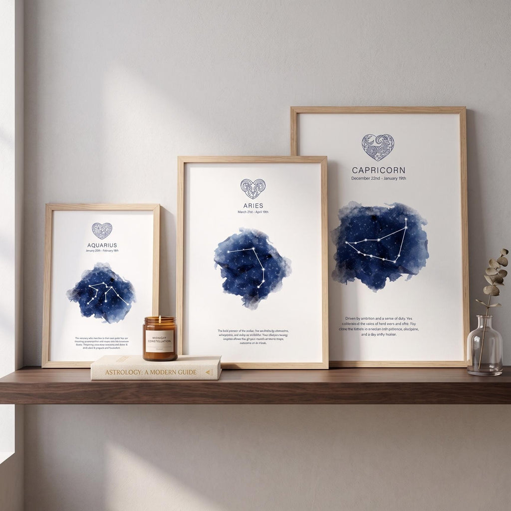 The zodiac prints in A5, A4 and A3 wood frames side by side, to compare sizes