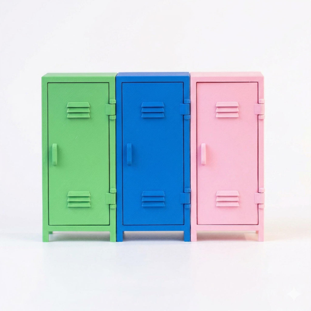 Green, blue and pink mini lockers side by side