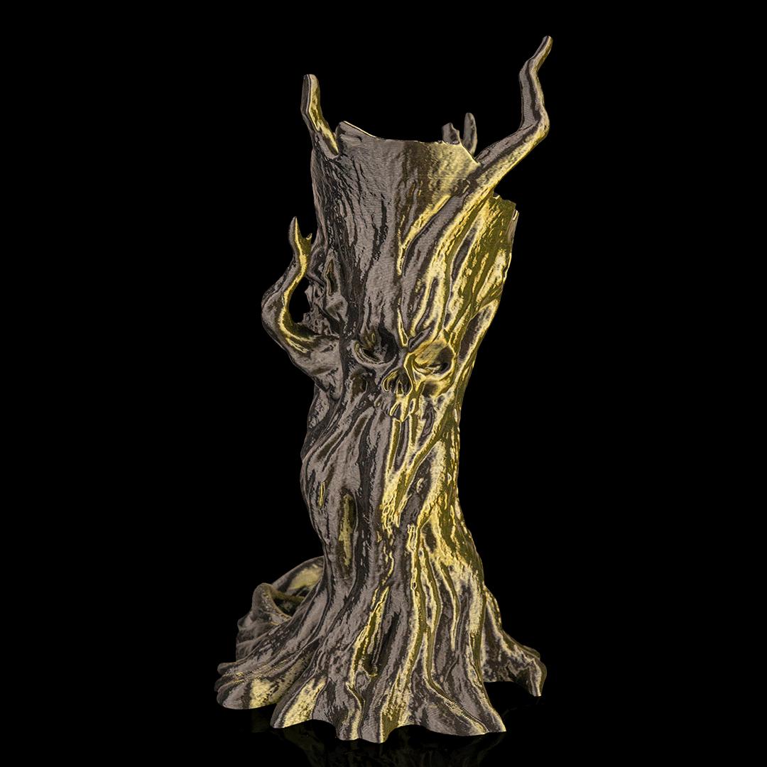 Dreadwood dice tower in dark silver and gold, from the front