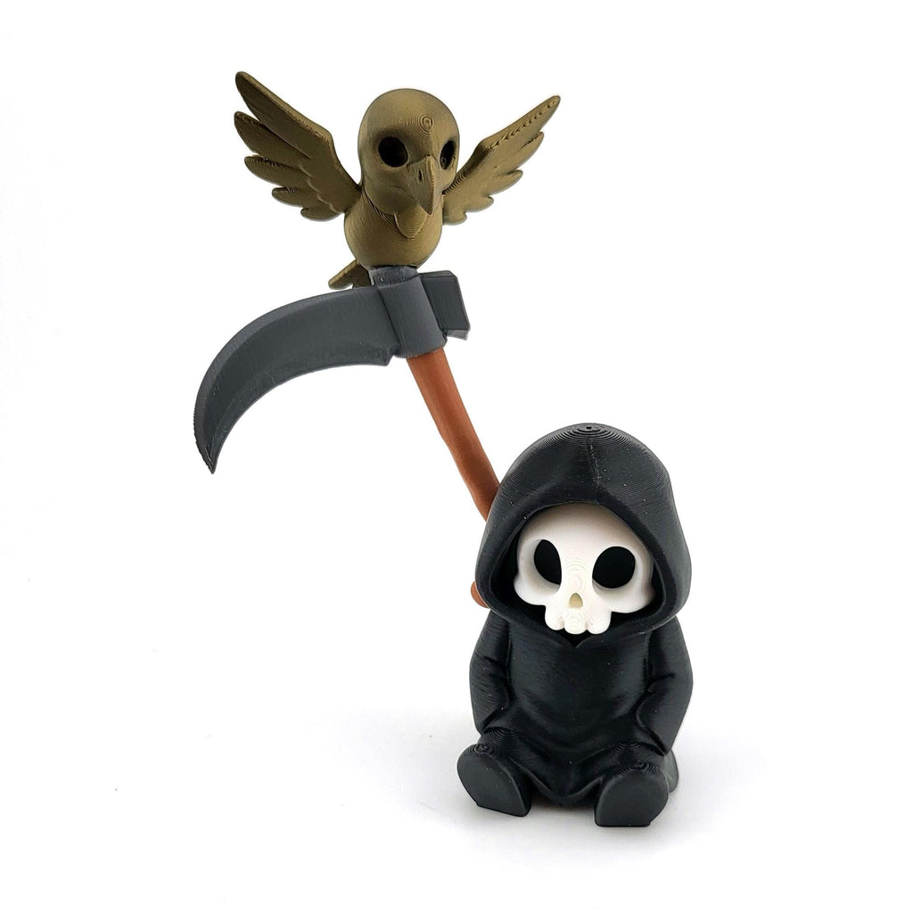 The Golden Wing grim reaper sitting below his scythe, with a golden owl perched on top