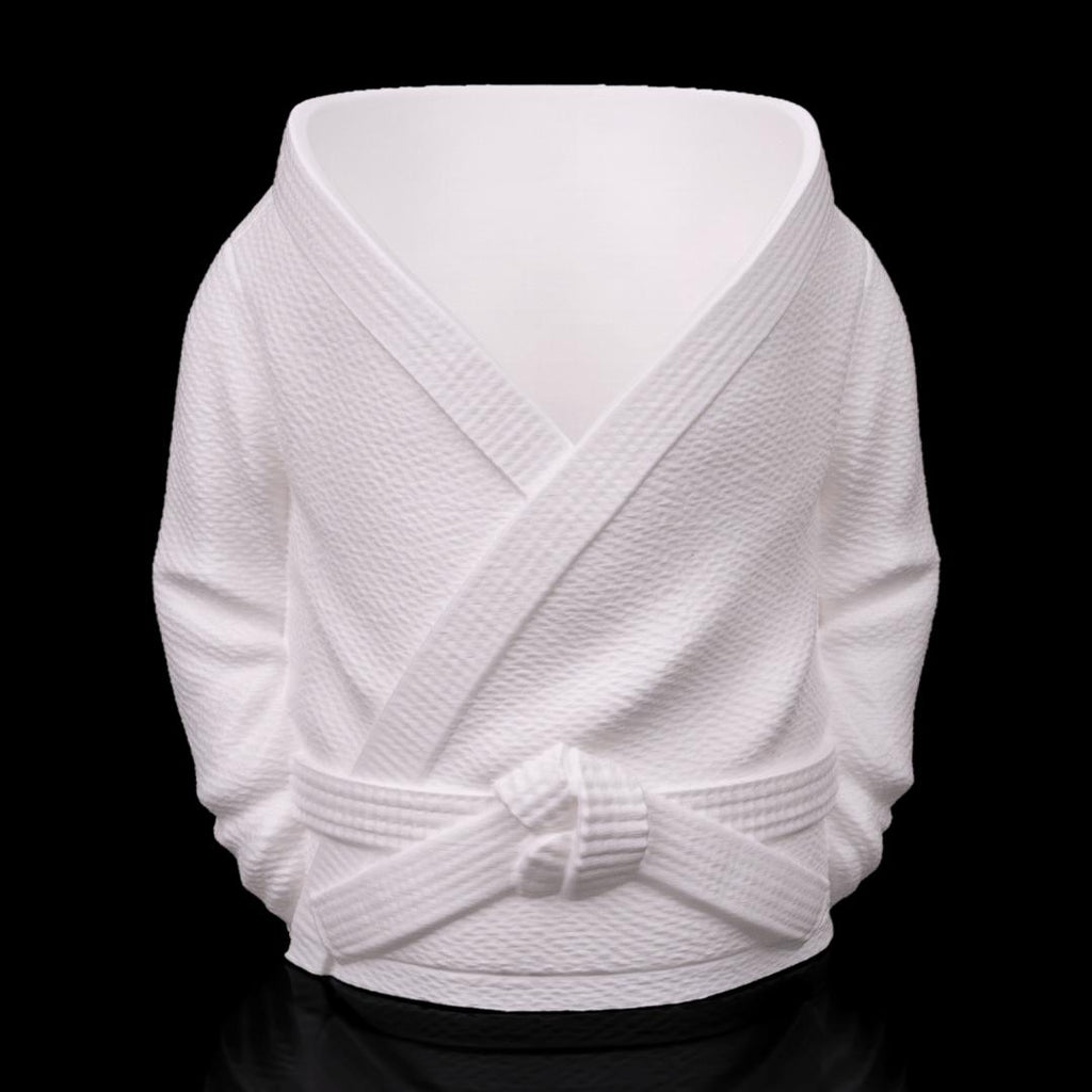 Gi holder from the front with a white belt