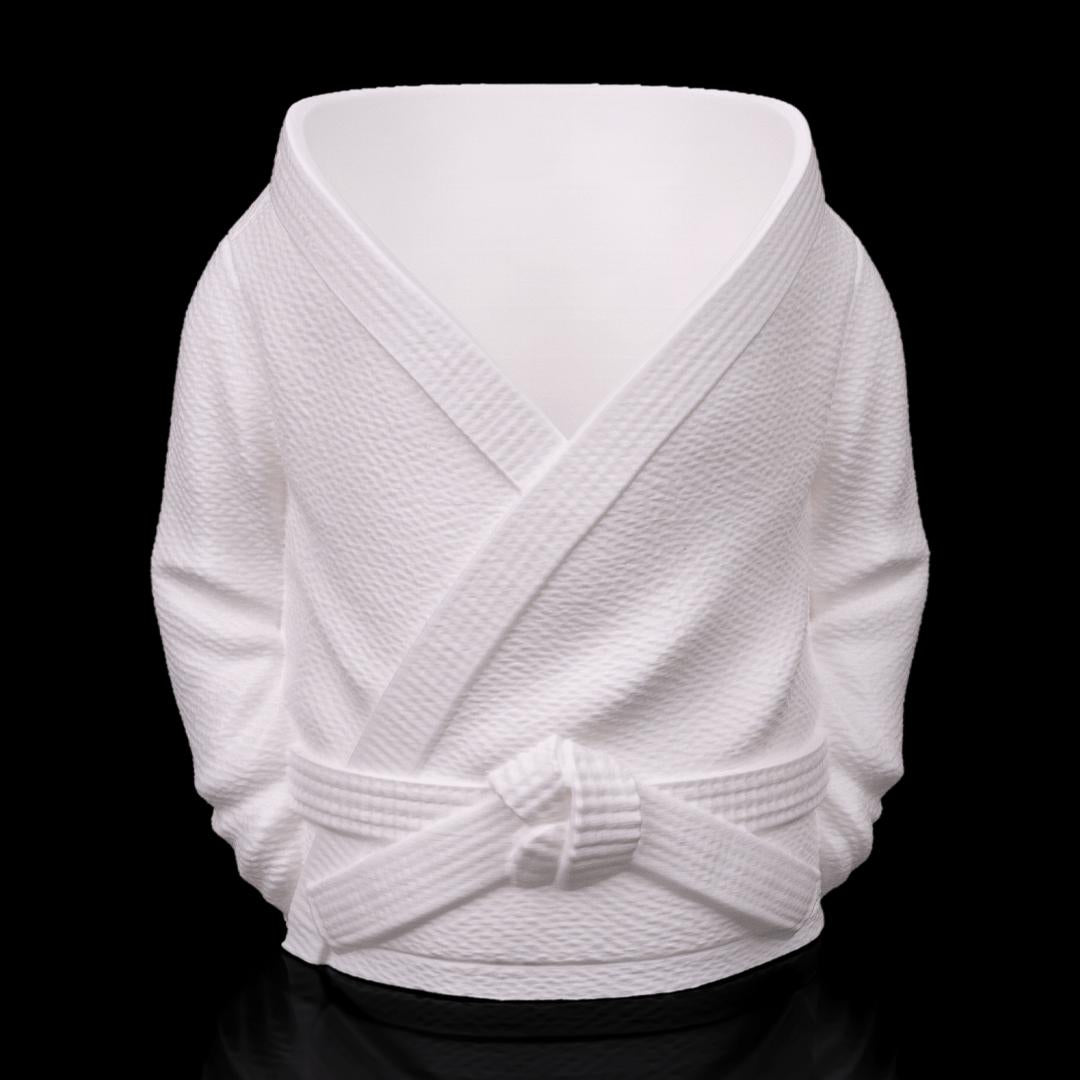 Gi holder from the front with a white belt