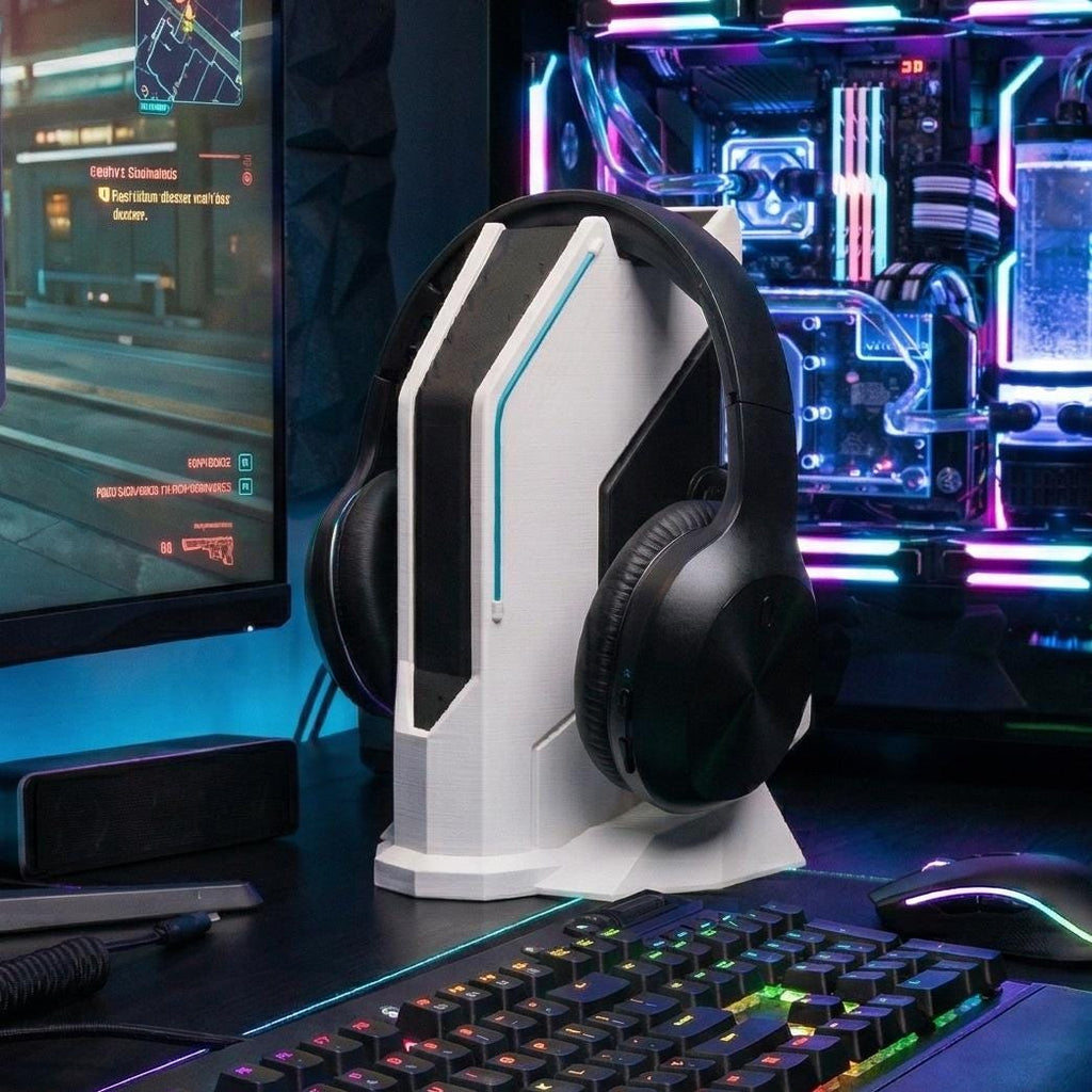White and black sci-fi headset stand holding black headphones beside a gaming PC